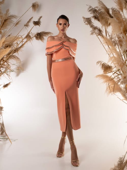 EMBELLISHED OFF SHOULDER DRESS