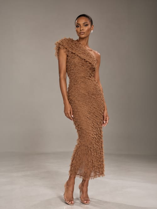 ONE SHOULDER MOCHA MIDI DRESS
