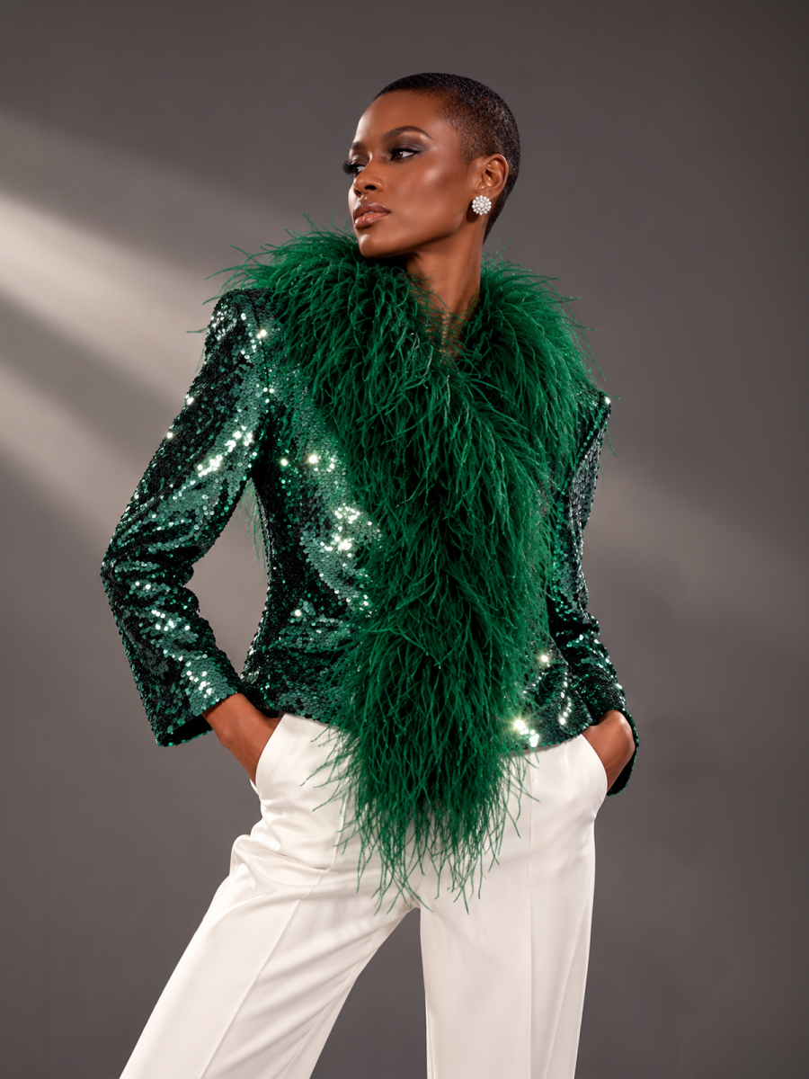 EMERALD SEQUIN FEATHER JACKET